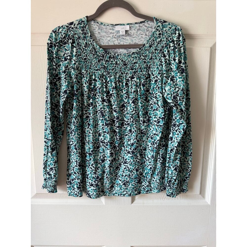 J. Jill Floral Smocked Peasant Top Blue Green Boho Cottagecore XSP Petite